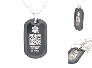 SOS DogTag zwart met silencer. SOS DogTag zwart met silencer met unieke SOS QR-code.