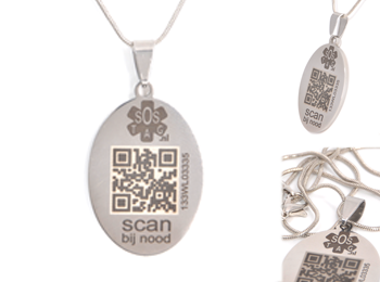 ID hanger RVS ovaal Omega ketting. ID hanger RVS ovaal met Omega ketting en unieke SOS QR-code.
