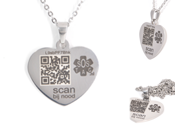 SOS hanger RVS hart groot schakkelketting. SOS hanger RVS hart groot schakkelketting en unieke SOS QR-code.