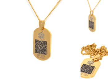 SOS hanger RVS medium goud schakelketting. SOS hanger RVS medium goud met schakelketting en SOS QR-code.