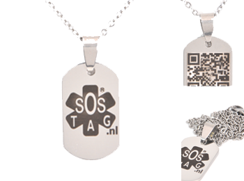 SOS hanger mini RVS schakelketting. SOS hanger mini RVS met schakelketting en unieke SOS QR-code.